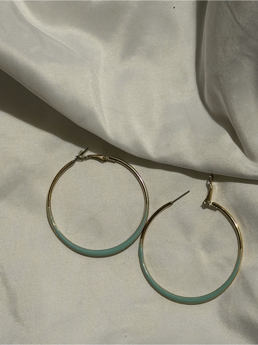Gold Hoop Earrings with Mint Green Enamel Accent - Women's Jewelry